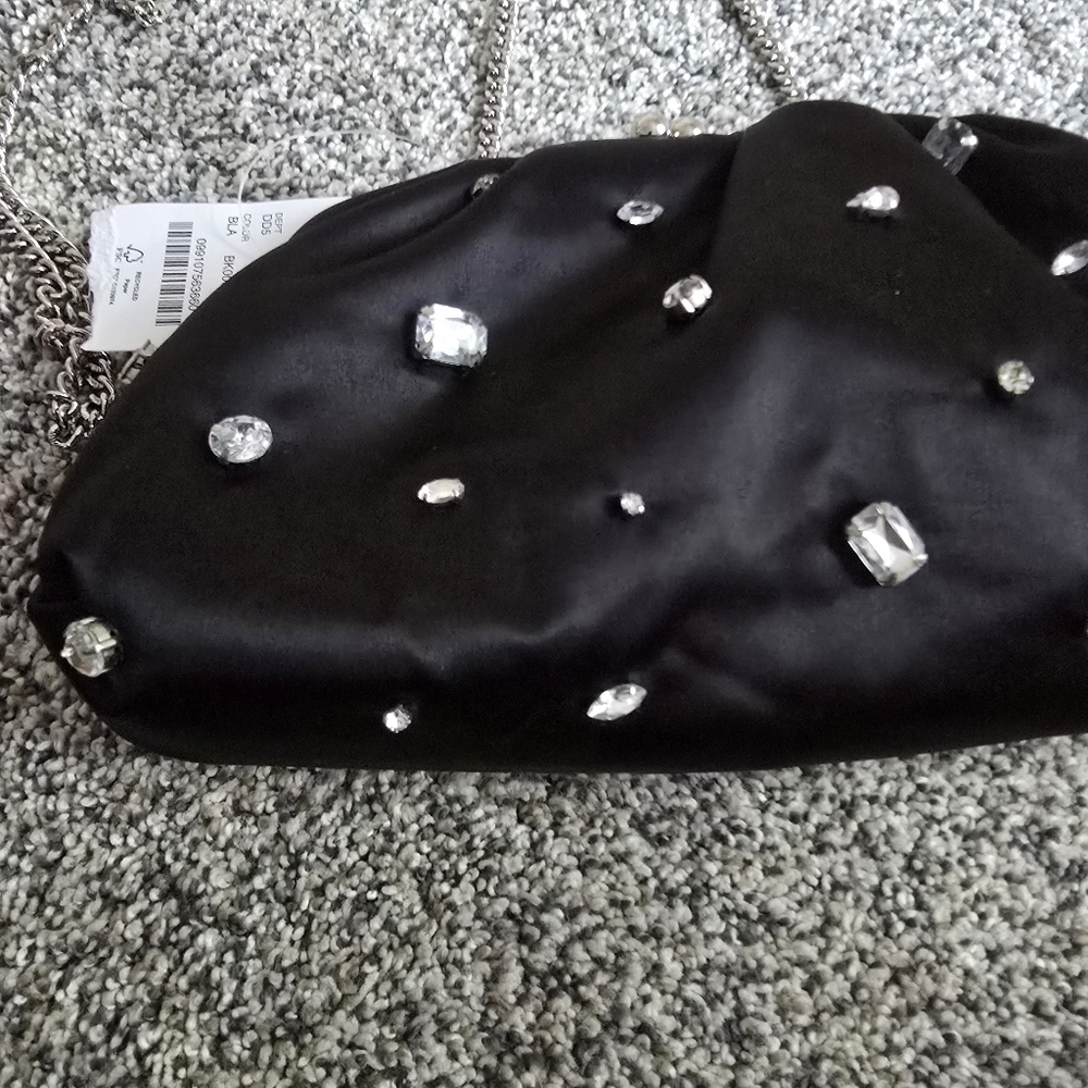 J. Crew Black Satin Evening  rhinestone Clutch Chain Purse NWT - Picture 3 of 6